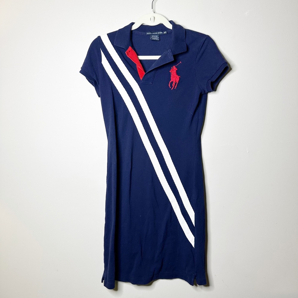 Ralph Lauren Sport Polo Dress Size Small Navy Blue Excellent Big Pony Stripe Y2K
